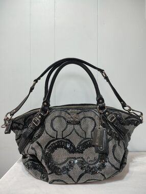 Coach Madison Op Art Sequin Shoulder Bag Satchel Silver Black
